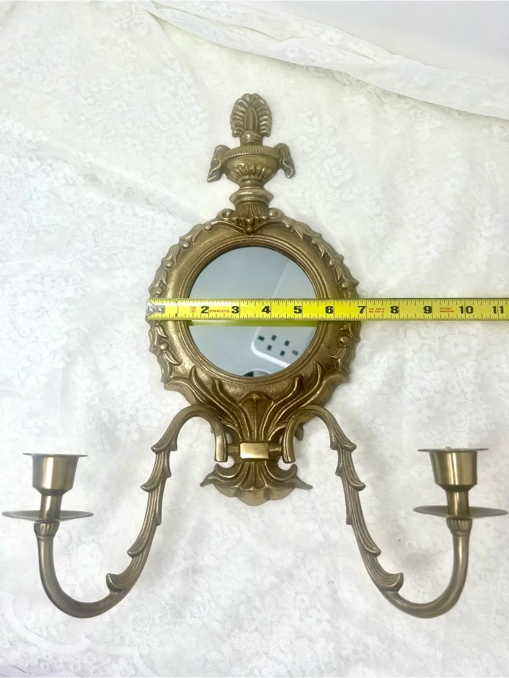 Set of 2 Vintage Ornate Brass Wall Mirror Sconce with Dual Candle Holders